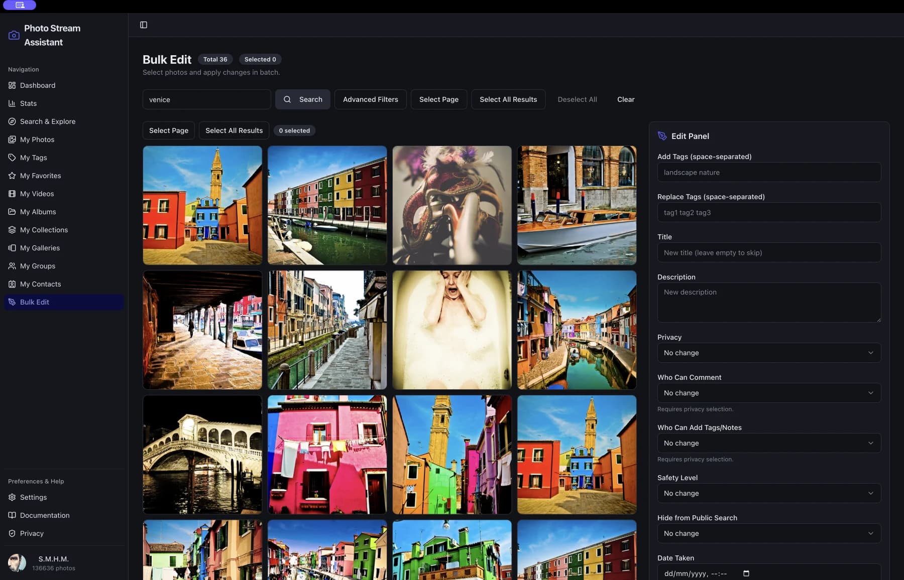 Photo Stream Assistant bulk edit screen for Flickr photos on Mac