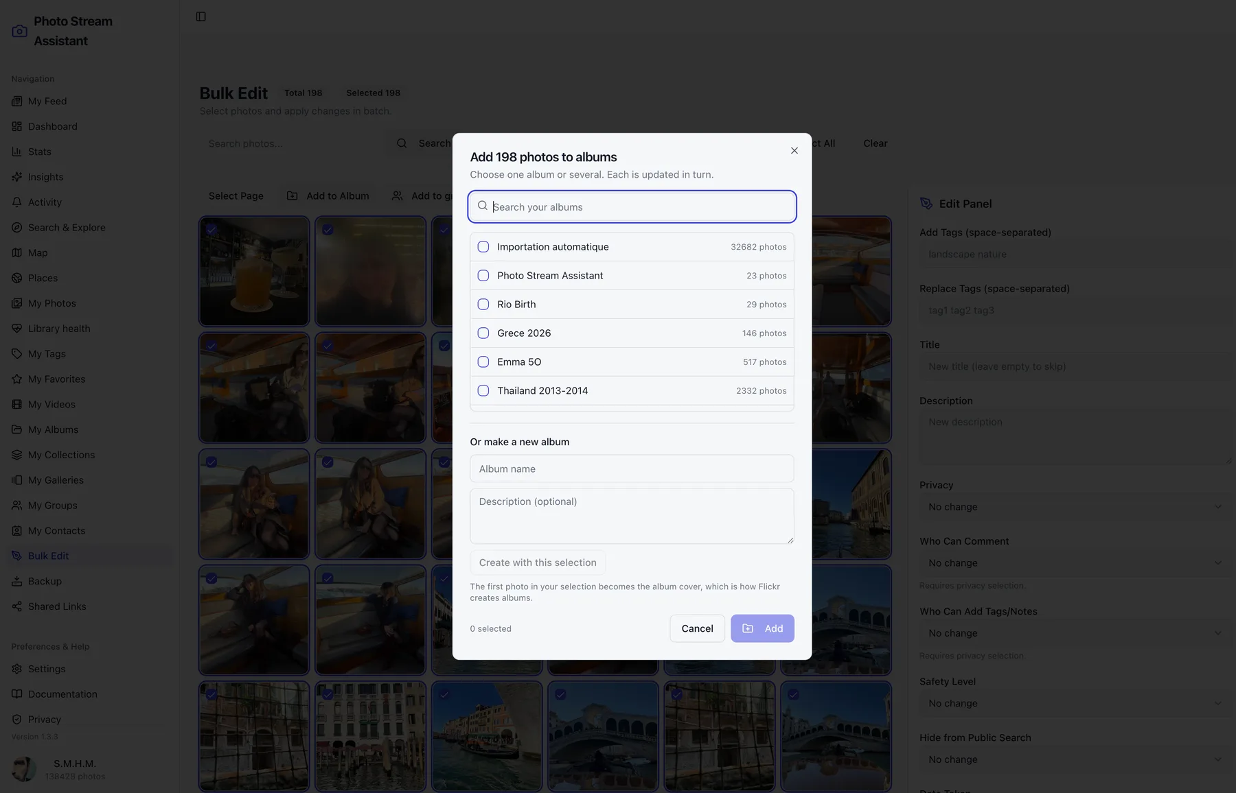 Adding a batch of Flickr photos to several albums at once in Photo Stream Assistant