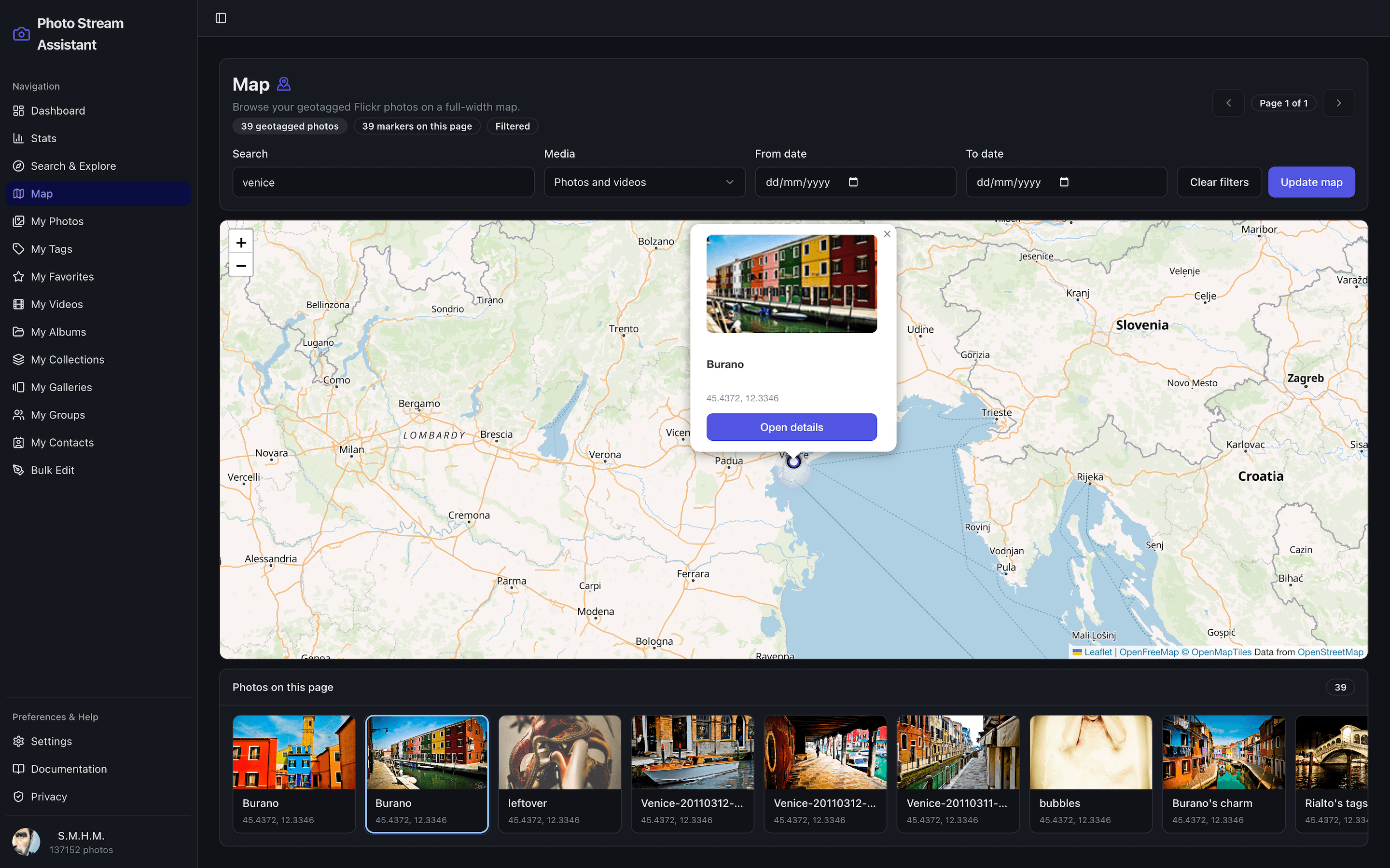 Flickr geotagged photos displayed on an interactive map in Photo Stream Assistant for Mac