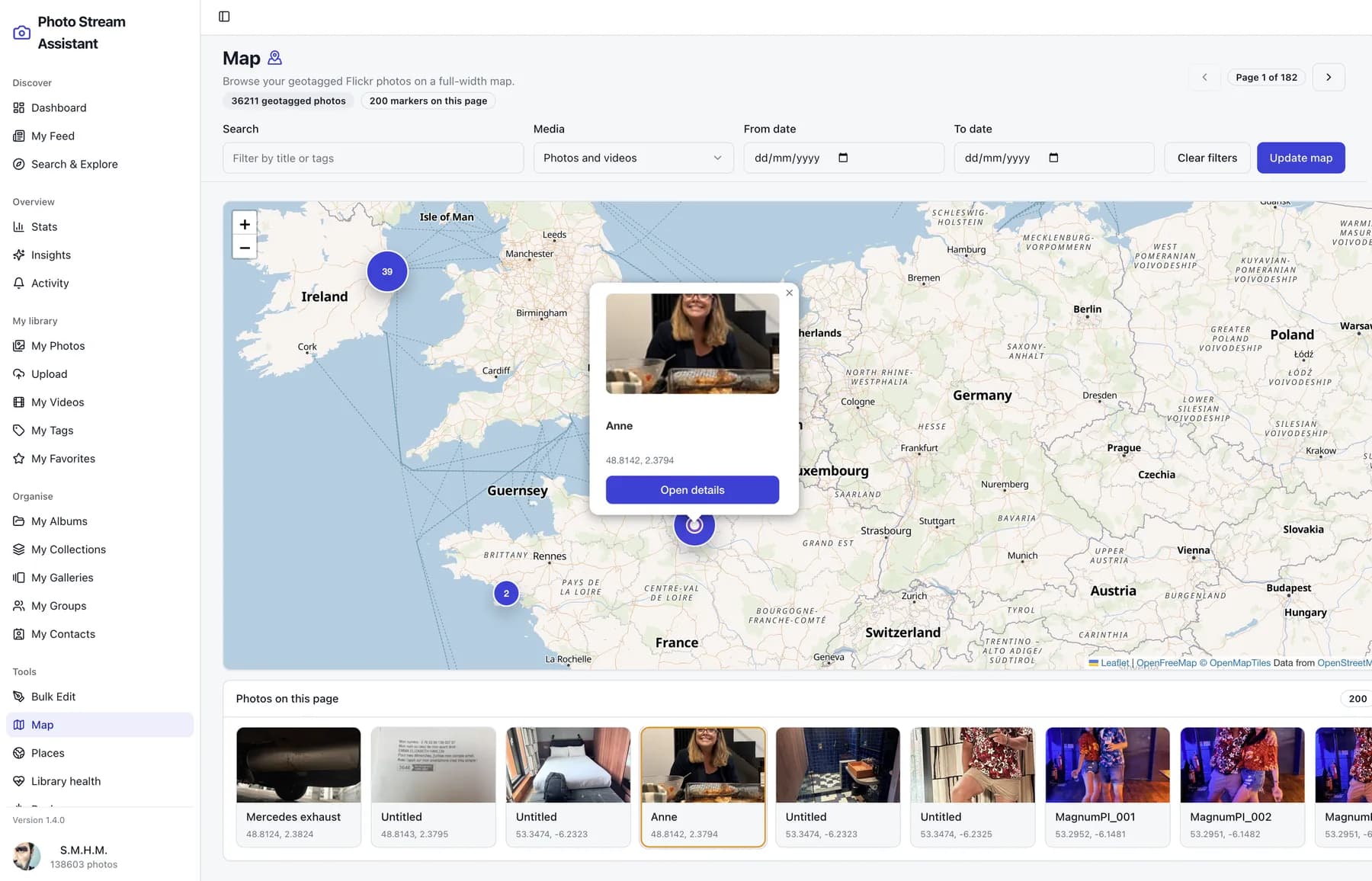 Flickr geotagged photos displayed on an interactive map in Photo Stream Assistant for Mac