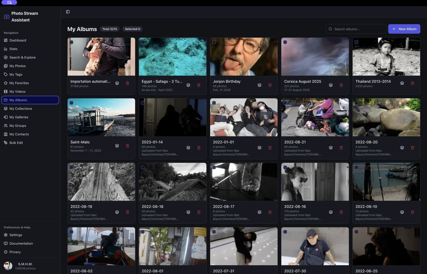 Flickr album manager screen in Photo Stream Assistant for Mac