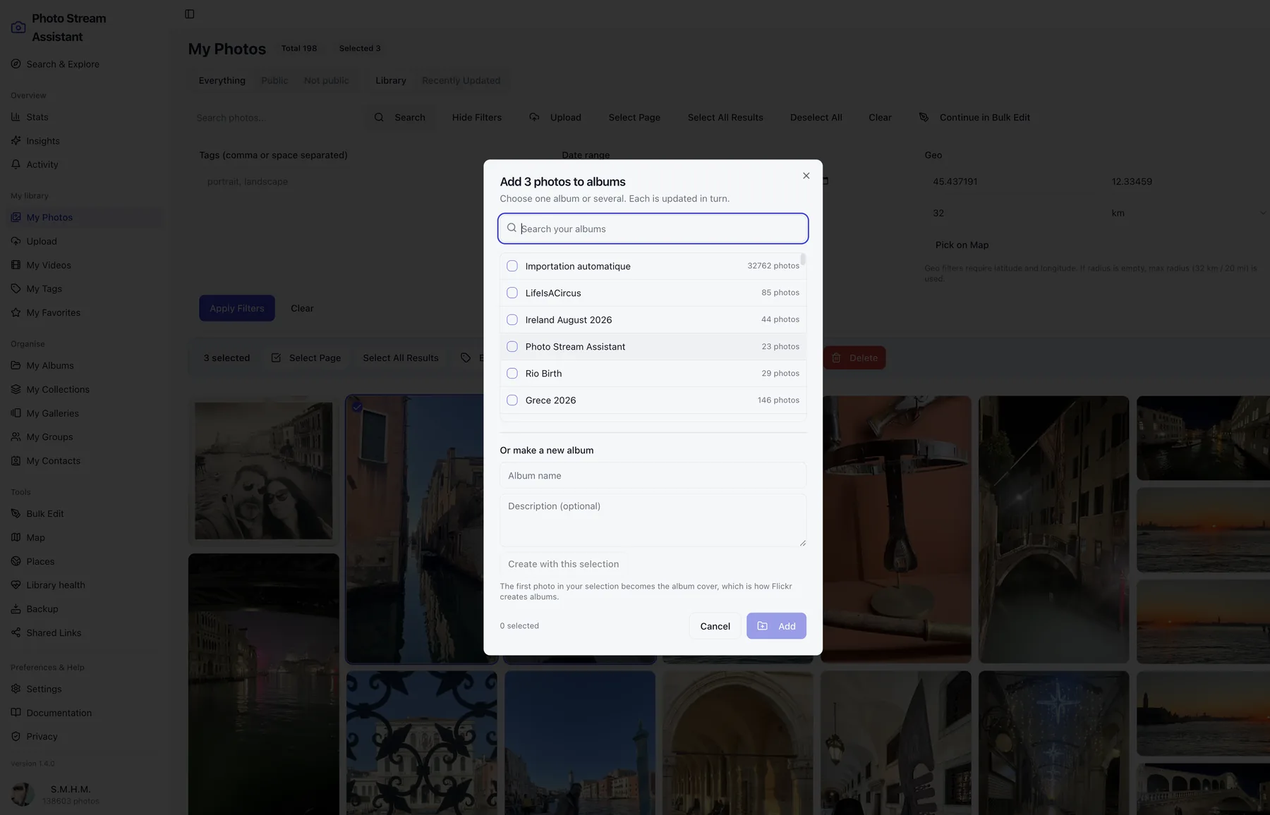 Adding selected Flickr photos to several albums at once in Photo Stream Assistant