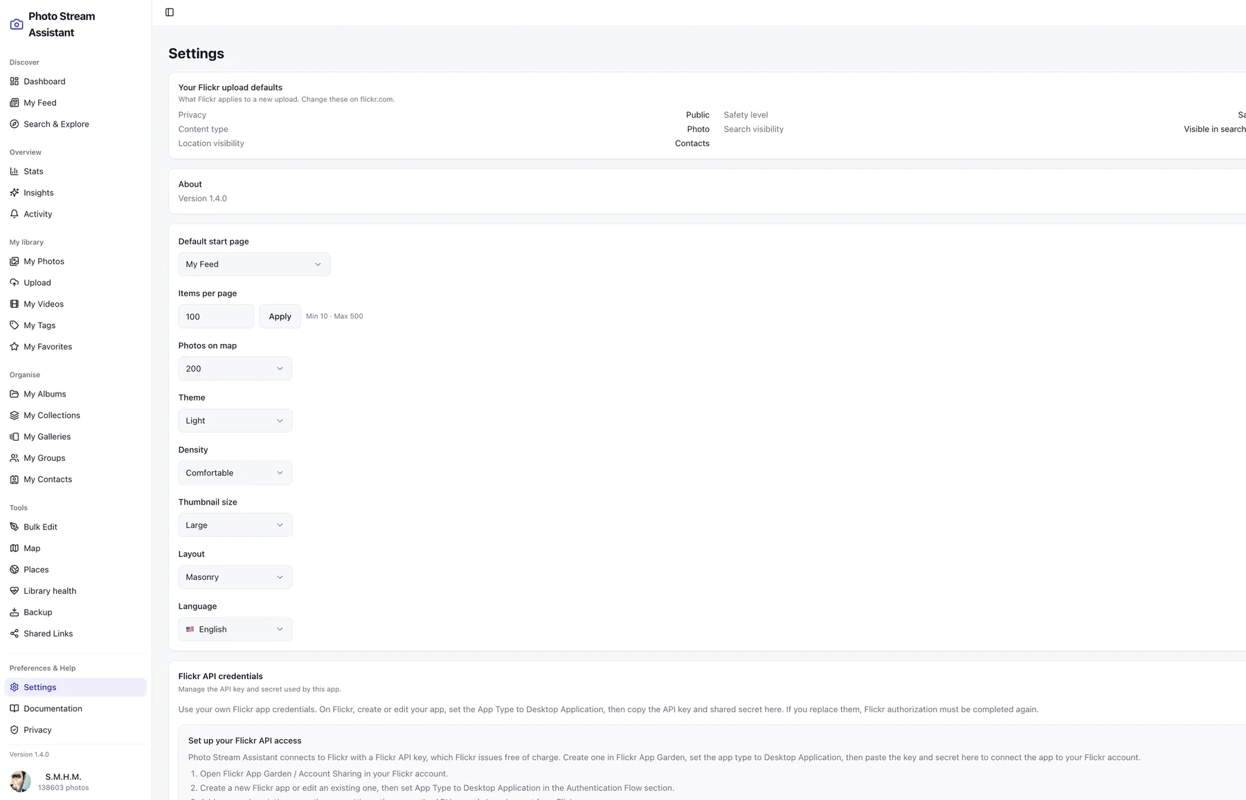 Settings in Photo Stream Assistant: upload defaults, start page, theme and language