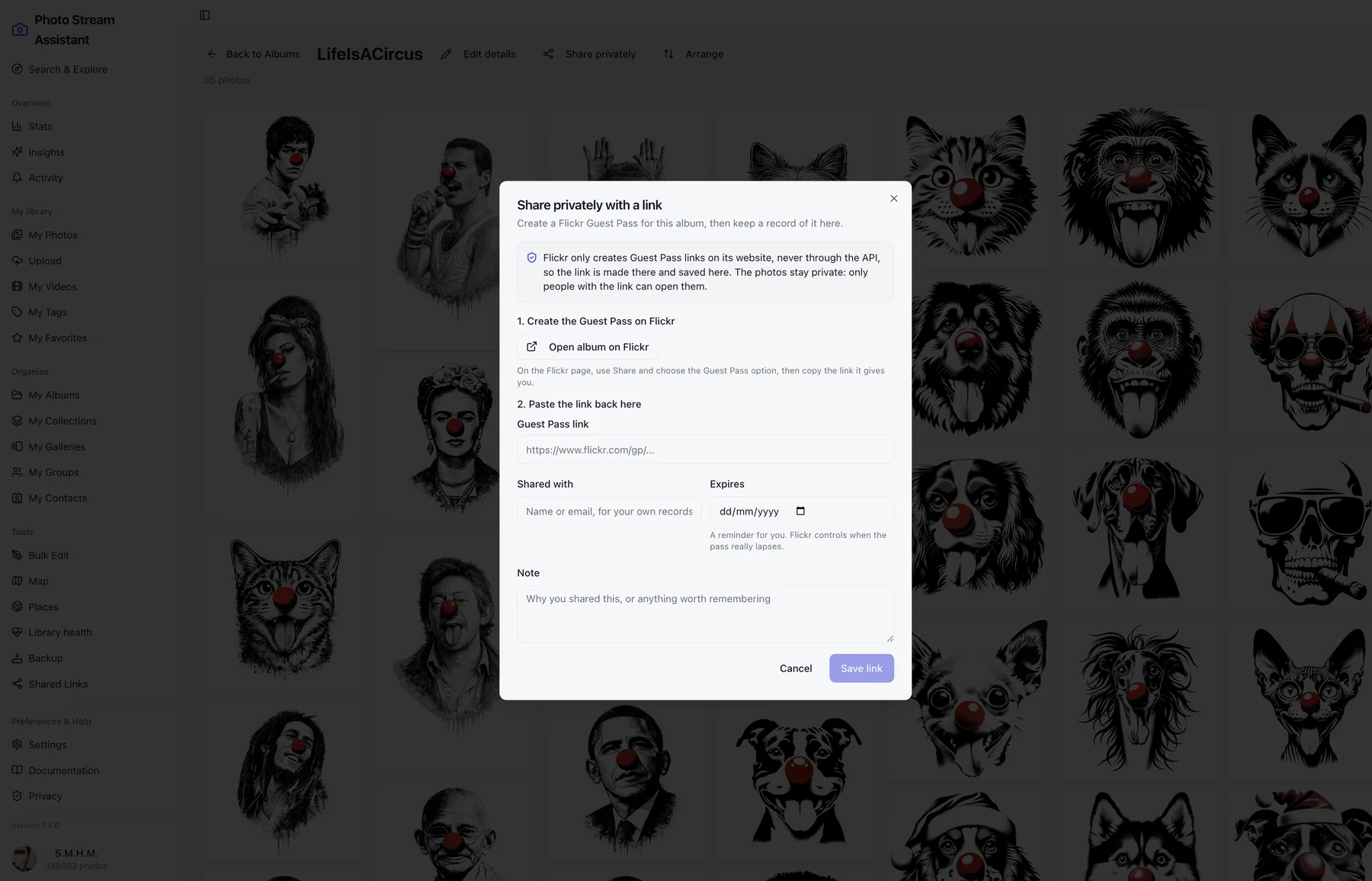 Recording a Flickr Guest Pass link for an album in Photo Stream Assistant
