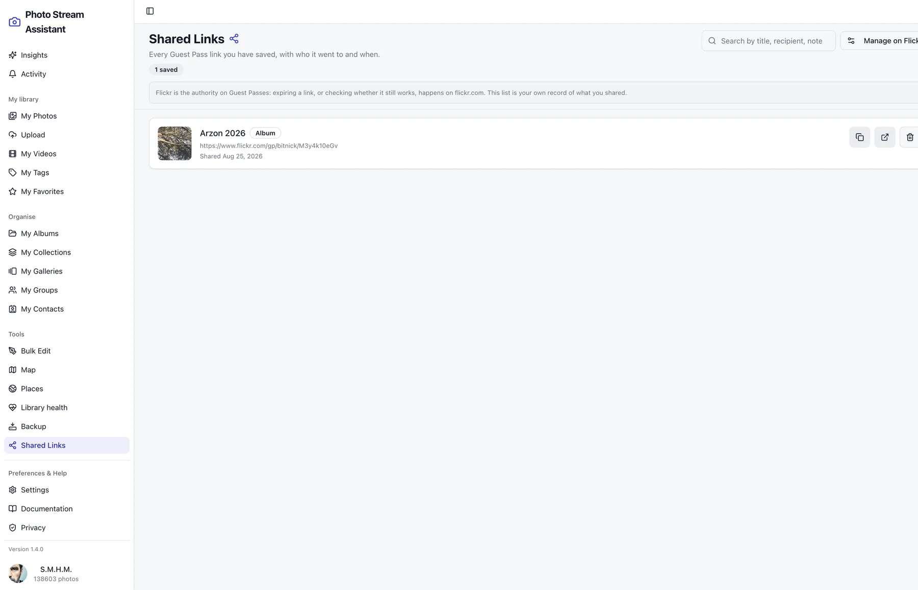 A register of Flickr Guest Pass links in Photo Stream Assistant for Mac