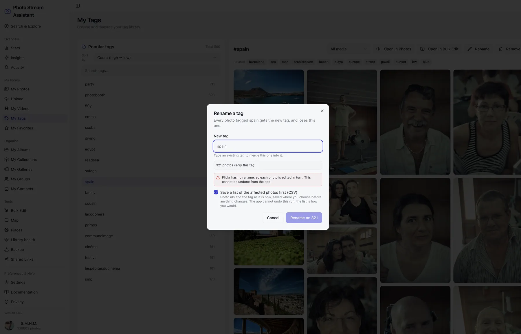 Renaming a Flickr tag across 439 photos at once in Photo Stream Assistant for Mac